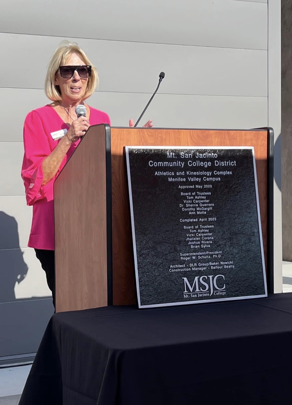 Vicki Carpenter speaking at the dedication of the MSJC Athletics and Kinesiology Complex