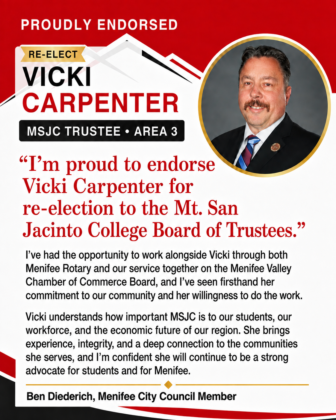 Endorsement flyer: Ben Diederich, Menifee City Council Member