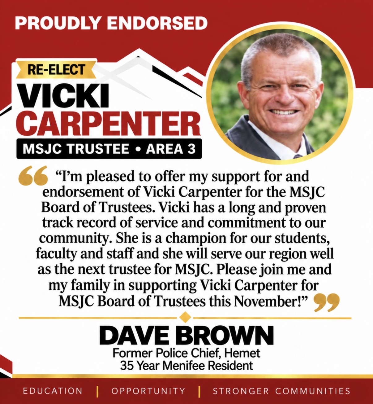 Endorsement flyer: Dave Brown, Former Police Chief, Hemet, 35-Year Menifee Resident
