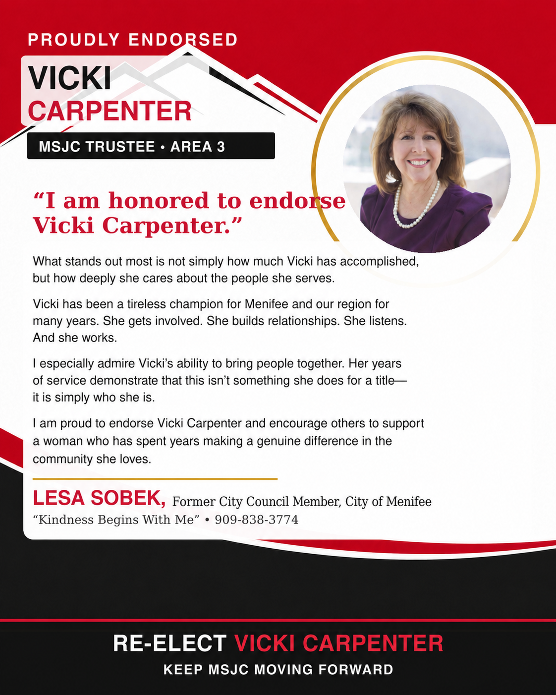 Endorsement flyer: Lesa Sobek, Former City Council Member, City of Menifee