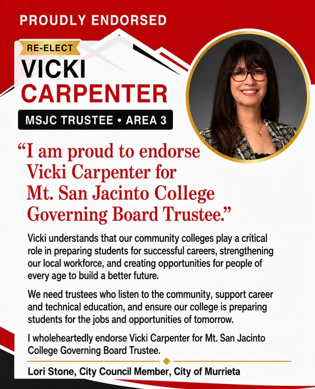 Endorsement flyer: Lori Stone, City Council Member, City of Murrieta