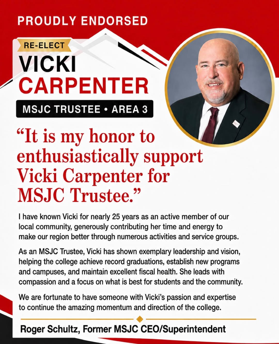 Endorsement flyer: Roger Schultz, Former MSJC CEO/Superintendent